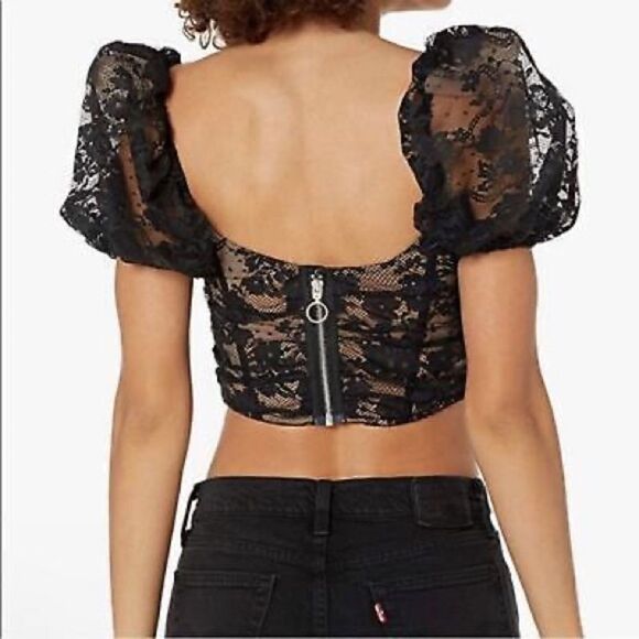 For Love And Lemons Rosalie Black Crop Top Lace Puff Sleeve Size S - Picture 4 of 8